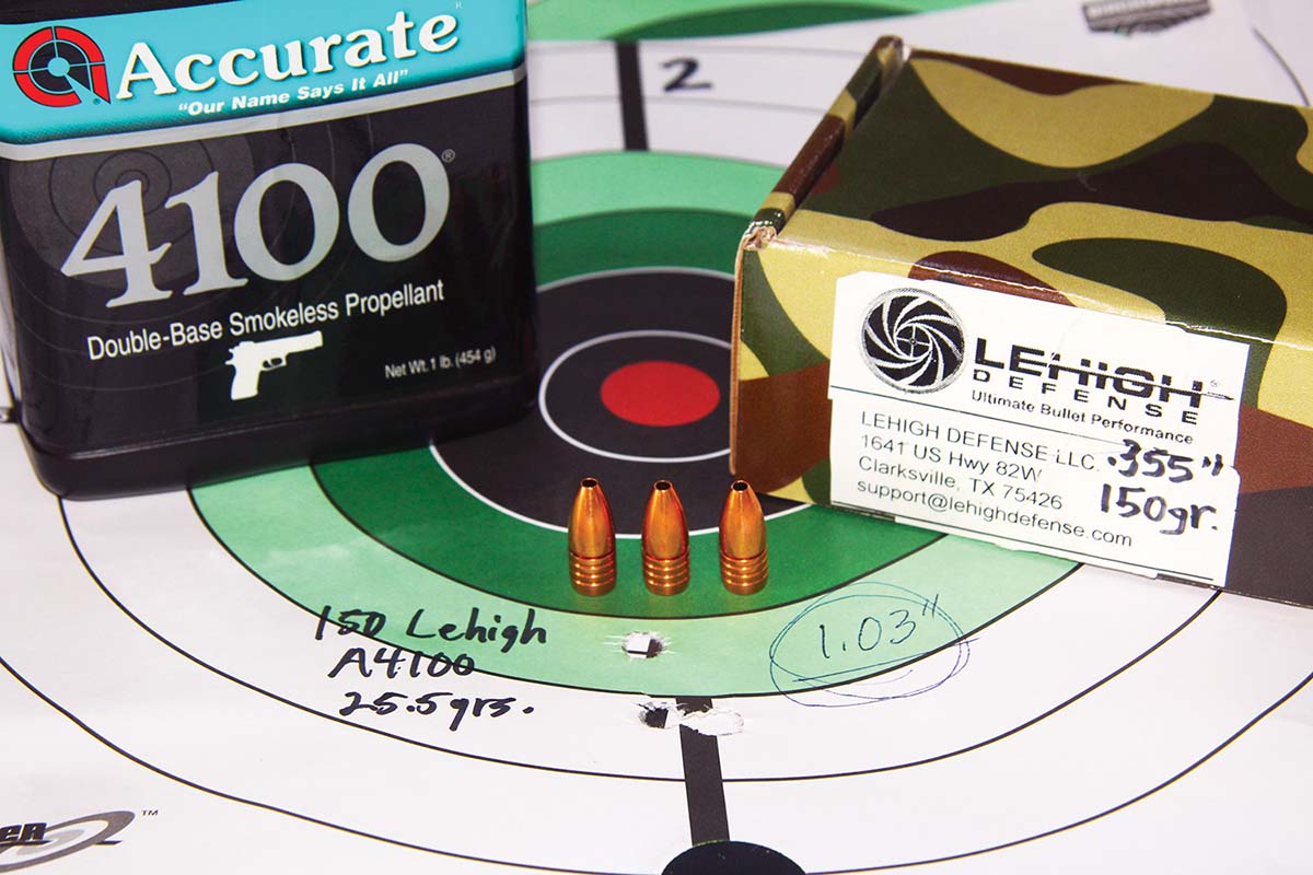 Lehigh Defense’s all-copper 150-grain Controlled Chaos and 25.5 grains of Accurate 4100 produced this 1.03-inch group, with a muzzle velocity of 2,516 fps.